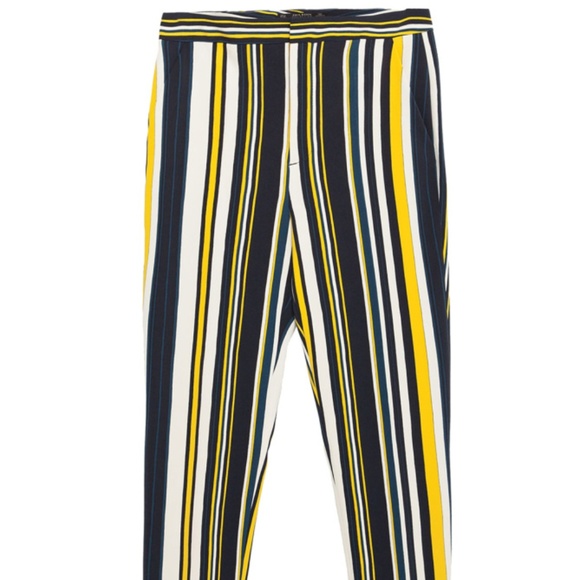 ZARA Blue/White/Yellow Striped Mid Rise Trousers - Picture 7 of 8